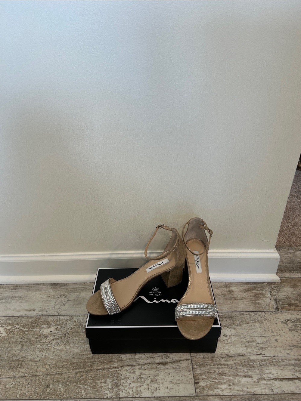 Nina Taupe Rhinestone Ankle-Strap Block Heels
